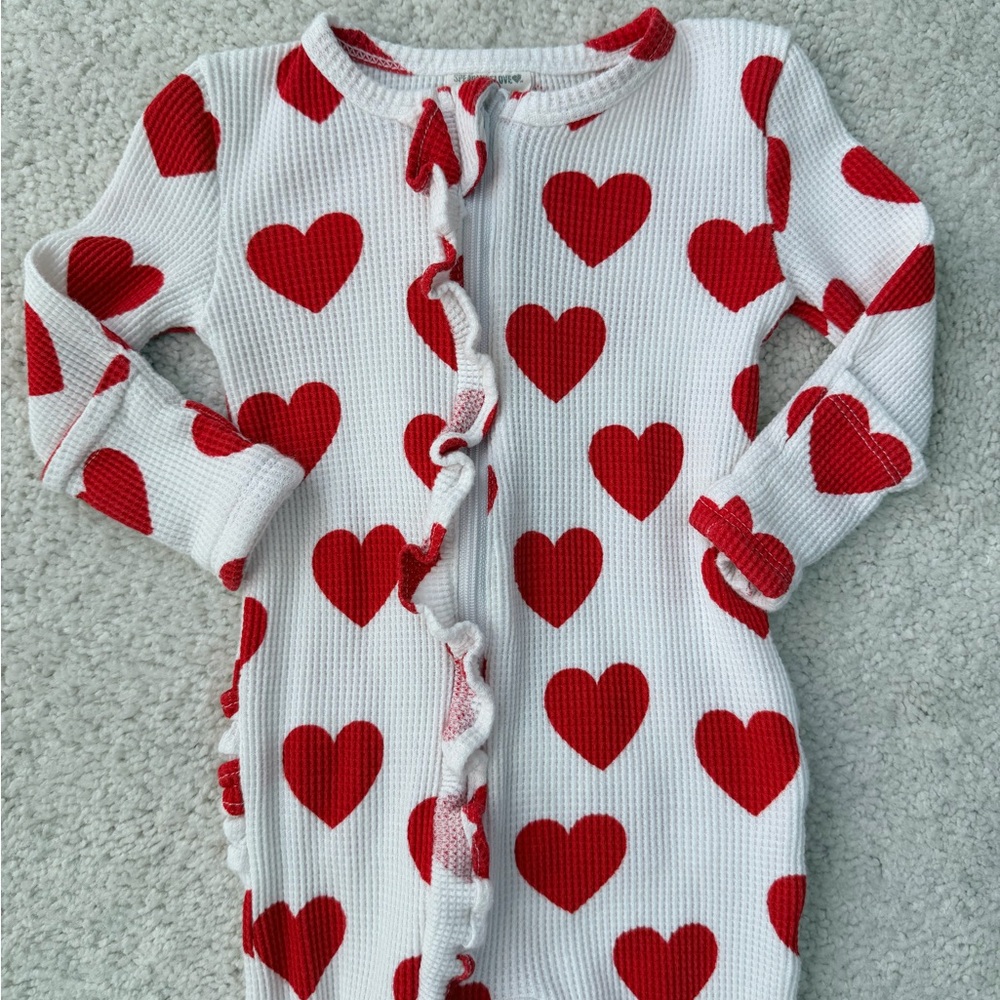 Spearmint Love Red Heart Waffle Knit Ruffled Footed One Piece - Picture 3 of 11